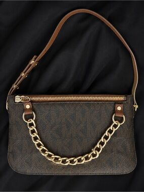 Michael Kors Brown Monogram Chain Wristlet with Gold Hardware